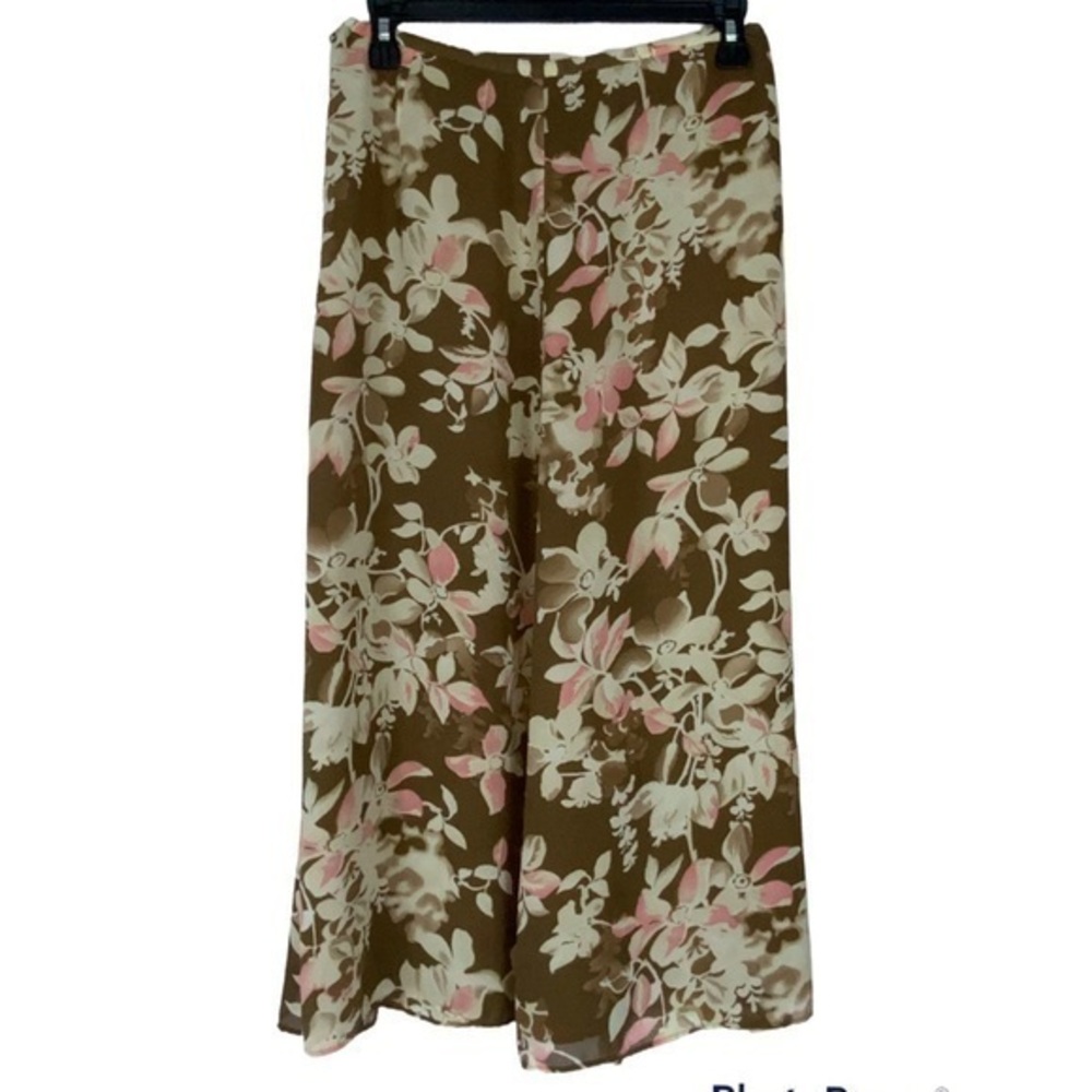 Rena Rowan Chiffon Overlay Tan & Dusty Rose Floral Flowy Full Skirt Size 12